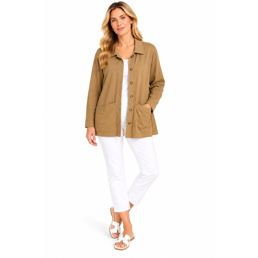 J.Jill Jacket 2X Camel Button Front Patch Pocket Shacket Minimalist Quiet Luxury